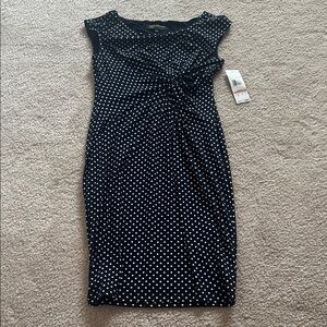 Jones New York Navy and White Polka Dot Twist Front Midi Dress